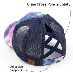 C.C Exclusives Washed Distressed Cotton Denim Criss-Cross Ponytail Hat Baseball Cap Bundle Hair Tie (BT-924) (A Elastic Band-Tie-Dye Navy with Mesh)