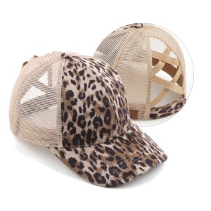 C.C Exclusives Washed Distressed Cotton Denim Criss-Cross Ponytail Hat Baseball Cap Bundle Hair Tie (BT-780)(BT-791) (A Elastic Band-Leopard/Beige)