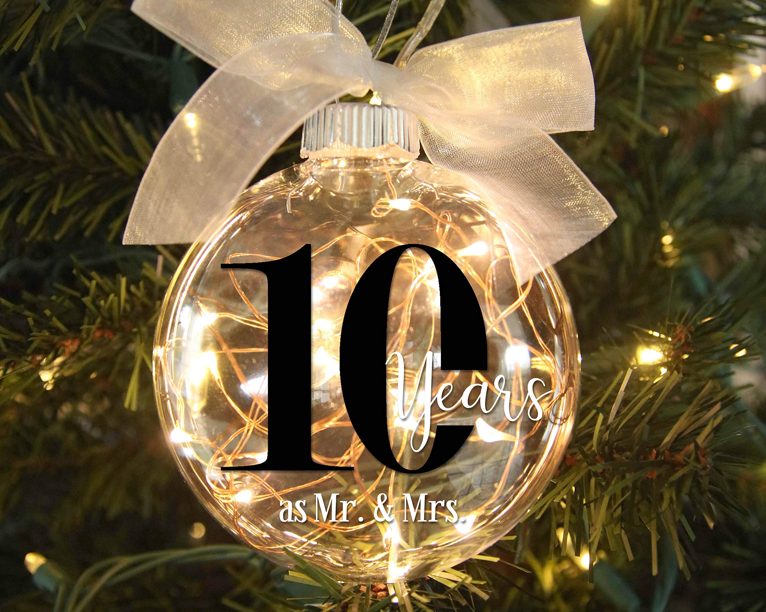 10th Wedding Anniversary Lighted Christmas Ornament with Timer, 10 Years as Mr & Mrs, Gift for Married Couple, Transparent Disc-Shaped with LED Fairy Lights, Battery Operated (10th Anniversary)