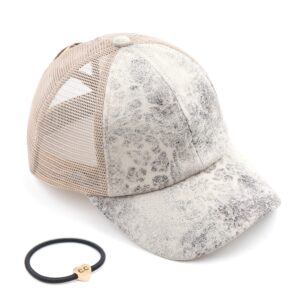 C.C Exclusives Washed Distressed Cotton Denim Criss-Cross Ponytail Hat Baseball Cap Bundle Hair Tie (BT-923) (A Elastic Band-Vintage Faux Leather Beige)