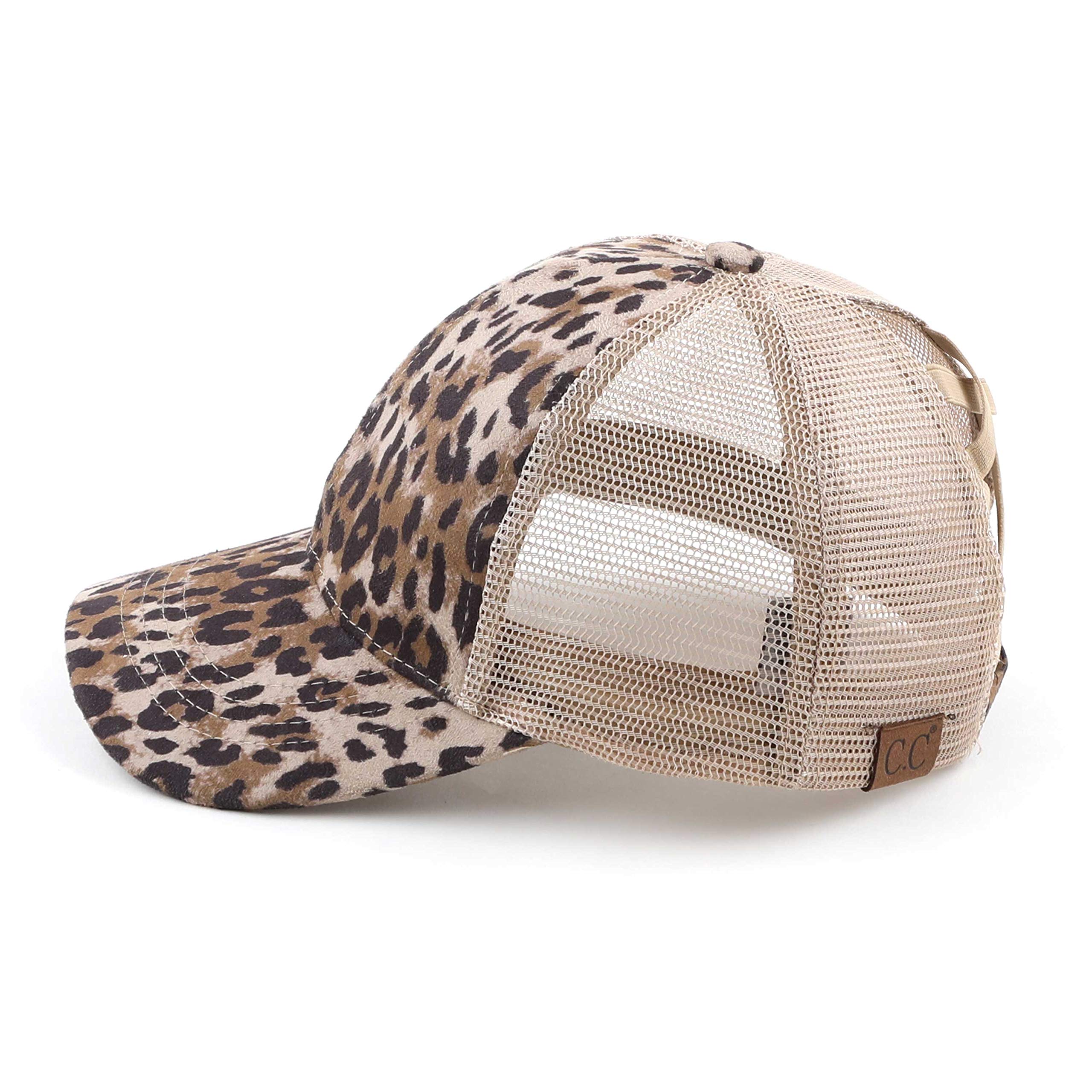 C.C Exclusives Washed Distressed Cotton Denim Criss-Cross Ponytail Hat Baseball Cap Bundle Hair Tie (BT-780)(BT-791) (A Elastic Band-Leopard/Beige)