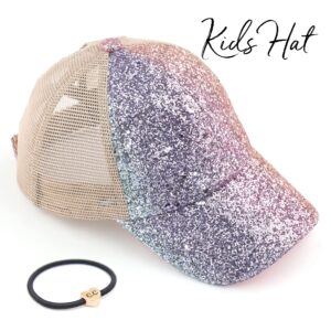 C.C Exclusives Washed Distressed Cotton Denim Criss-Cross Ponytail Hat Baseball Cap Bundle Hair Tie (KIDS-BT-931) (A Elastic Band-Crystal Ombre Mermaid-Kids)