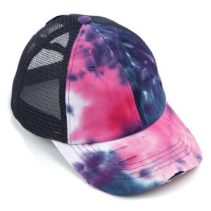 C.C Exclusives Washed Distressed Cotton Denim Criss-Cross Ponytail Hat Baseball Cap Bundle Hair Tie (BT-924) (A Elastic Band-Tie-Dye Navy with Mesh)