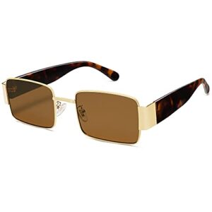 SOJOS Fashion Rectangle Sunglasses for Women Men Retro Vintage Narrow Sun Glasses SJ1162, Gold/Brown