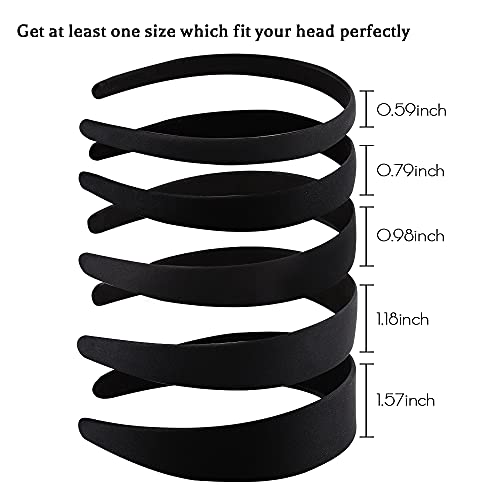 ANBALA Black Hard Headbands for Women, 5 Size Plain Headbands for Crafts - 5 Pack - 0.59-1.57 Inch - Non-slip High Elasticity Satin Headbands for Women Girls