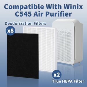 C545 True HEPA Replacement Filter S Compatible with Winix C545 Air Purifier Replacement for Winix S Filter 1712-0096-00 and 2522-0058-00, Funmit 2 x True HEPA Filter + 8 x Activated Carbon Pre-Filter