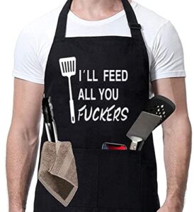 zooron i'll feed all you - funny black chef aprons for men adjustable bbq kitchen cooking aprons with pocket waterproof oil proof father’s day/birthday