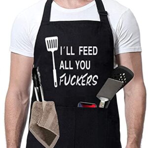 ZOORON I'll Feed All You - Funny Black Chef Aprons for Men Adjustable BBQ Kitchen Cooking Aprons with Pocket Waterproof Oil Proof Father’s Day/Birthday