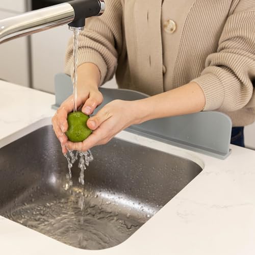 TYOARO Silicone Sink Splash Guard - Water Splash Guard for Kitchen, Island and Bathroom - Secure Non-Slip Suction Cup Base - Dishwasher Safe, Gray (17.4 x 1.7 x 3.6")