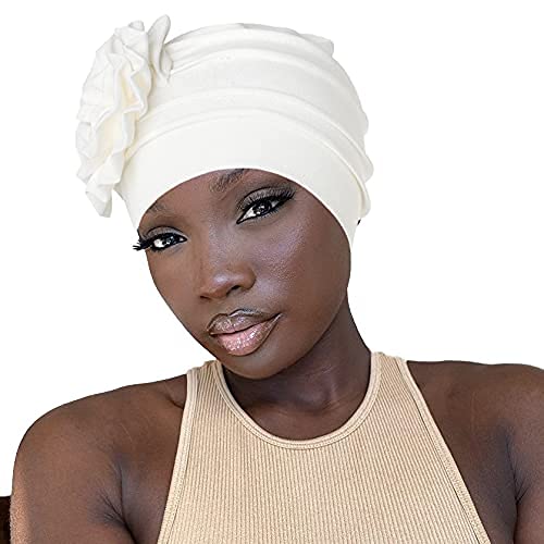 Bohend Women Turban Flower Headband Elastic Cap Pre-Tied Scarf Bonnet Beanie Headwrap Hats (White)