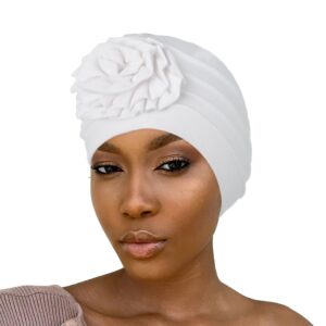 Bohend Women Turban Flower Headband Elastic Cap Pre-Tied Scarf Bonnet Beanie Headwrap Hats (White)