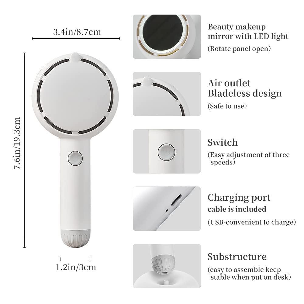 Star Compass Mini Handheld Fan, Battery Operated Rechargeable Portable Fan with LED Light Makeup Mirror, Bladeless Small Personal Fan 3 Speeds Eyelash Fan for Women Girls Outdoor Travel (White)