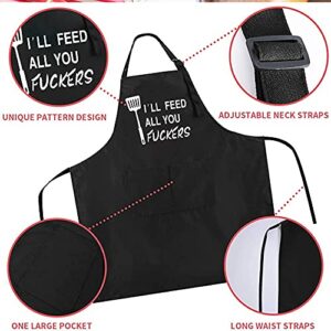 ZOORON I'll Feed All You - Funny Black Chef Aprons for Men Adjustable BBQ Kitchen Cooking Aprons with Pocket Waterproof Oil Proof Father’s Day/Birthday