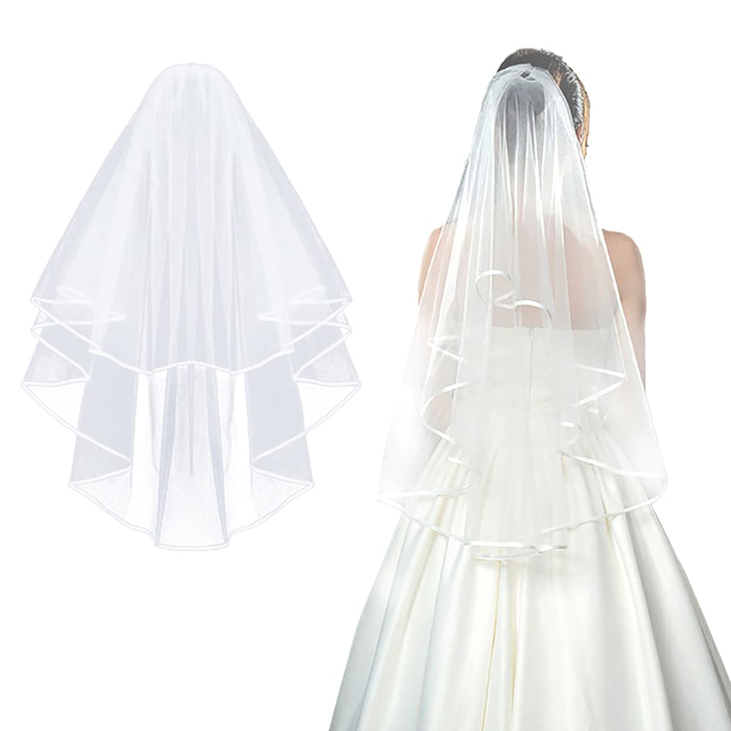 umbresen Bridal Veil Wedding Veils Women's White Tulle Short Veils Ribbon Edge With Comb for Brides Bachelorette Hen Party Costume (White)