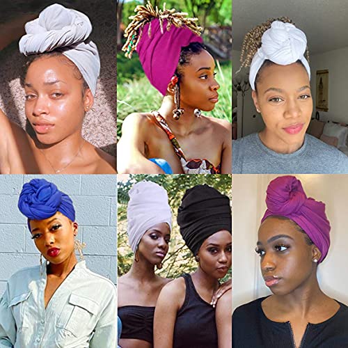 Kachanaa Ultra Soft Stretch Jersey Turban Head Wraps Long Solid Color African Shawl Hair Scarfs Lightweight Breathable Head bands Ties for Black Women(White)