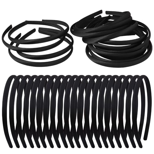 Zifengcer 20 PCS Black Satin Covered Headbands for Girls Women Christmas Plain DIY Craft Headbands Plastic Thin Headbands for Women(Black)