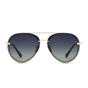 DIFF Lenox Gold + Black Grey Gradient, Designer Oversized Aviator Sunglasses for Women UV400 Polarized Protection