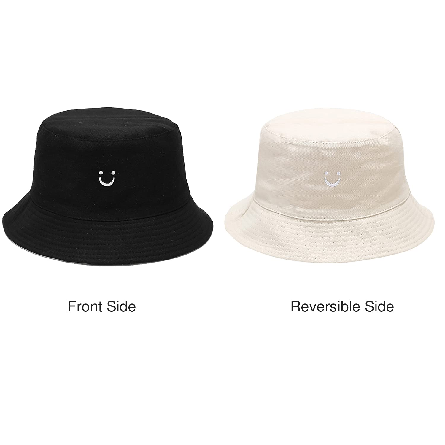 Umeepar Embroidered Smile Face Bucket Hat Reversible Packable Foldable Beach Sun Hat Outdoor Cap for Women Men (US, Alpha, Medium, Black/Beige)