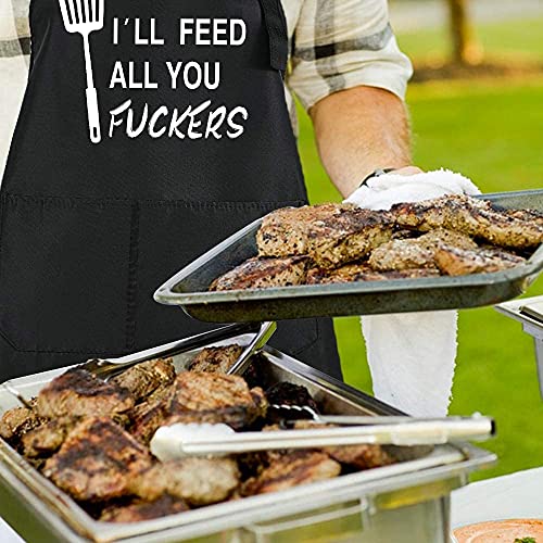 ZOORON I'll Feed All You - Funny Black Chef Aprons for Men Adjustable BBQ Kitchen Cooking Aprons with Pocket Waterproof Oil Proof Father’s Day/Birthday