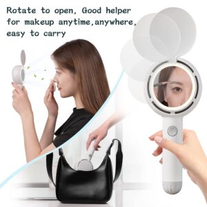 Star Compass Mini Handheld Fan, Battery Operated Rechargeable Portable Fan with LED Light Makeup Mirror, Bladeless Small Personal Fan 3 Speeds Eyelash Fan for Women Girls Outdoor Travel (White)