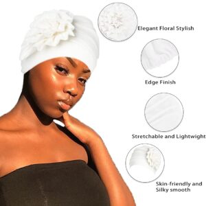 Bohend Women Turban Flower Headband Elastic Cap Pre-Tied Scarf Bonnet Beanie Headwrap Hats (White)