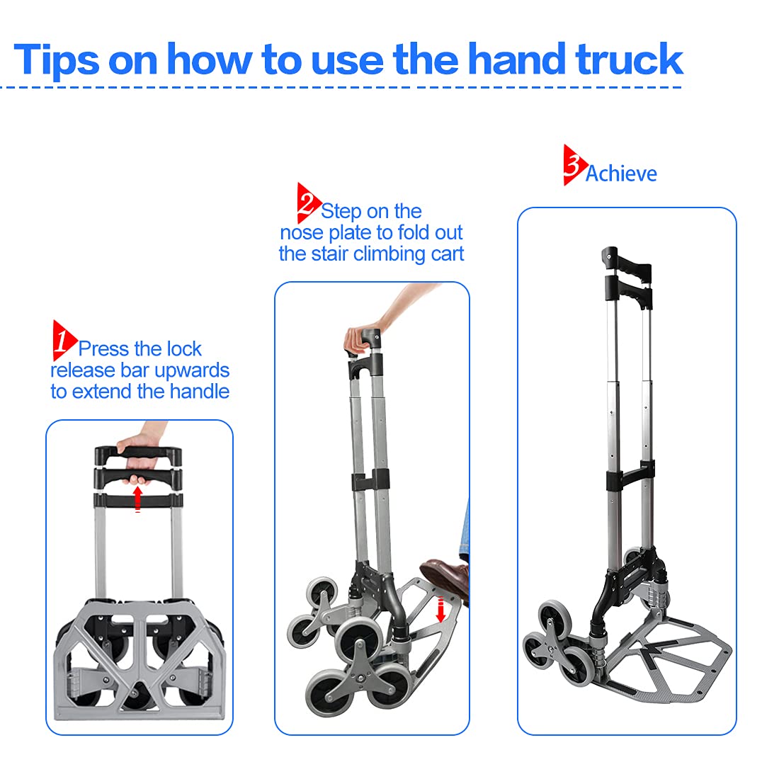 Double Rhombus Stair Climbing Cart Portable Folding Hand Truck, 330 LBS Capacity Aluminium Trolley with 3-Level Height Adjustable Telescoping Handle, 6 Rubber Wheels, 2 Bungee Cords, All Terrain