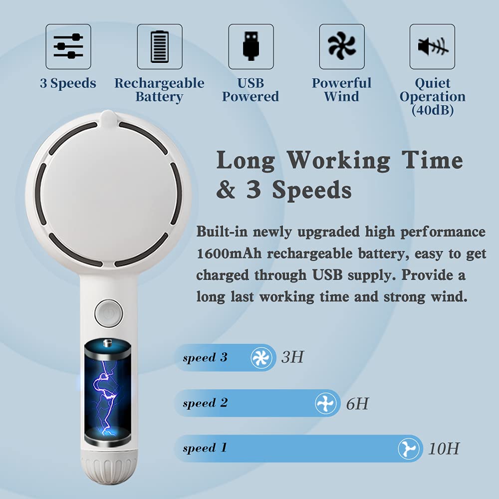 Star Compass Mini Handheld Fan, Battery Operated Rechargeable Portable Fan with LED Light Makeup Mirror, Bladeless Small Personal Fan 3 Speeds Eyelash Fan for Women Girls Outdoor Travel (White)