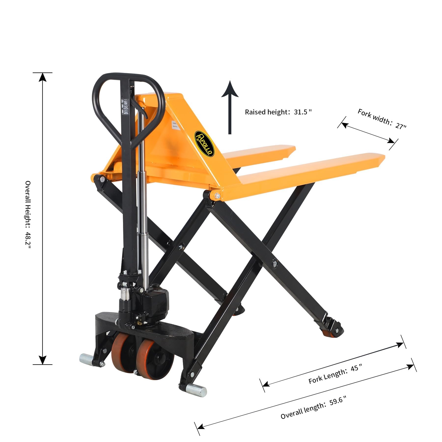 APOLLO High Lift Pallet Jack Manual Scissor Lifting Truck 31.5" Lifting Height 45''Lx27''W Fork Size 2200lbs Capacity Only for Open-Bottom Pallets