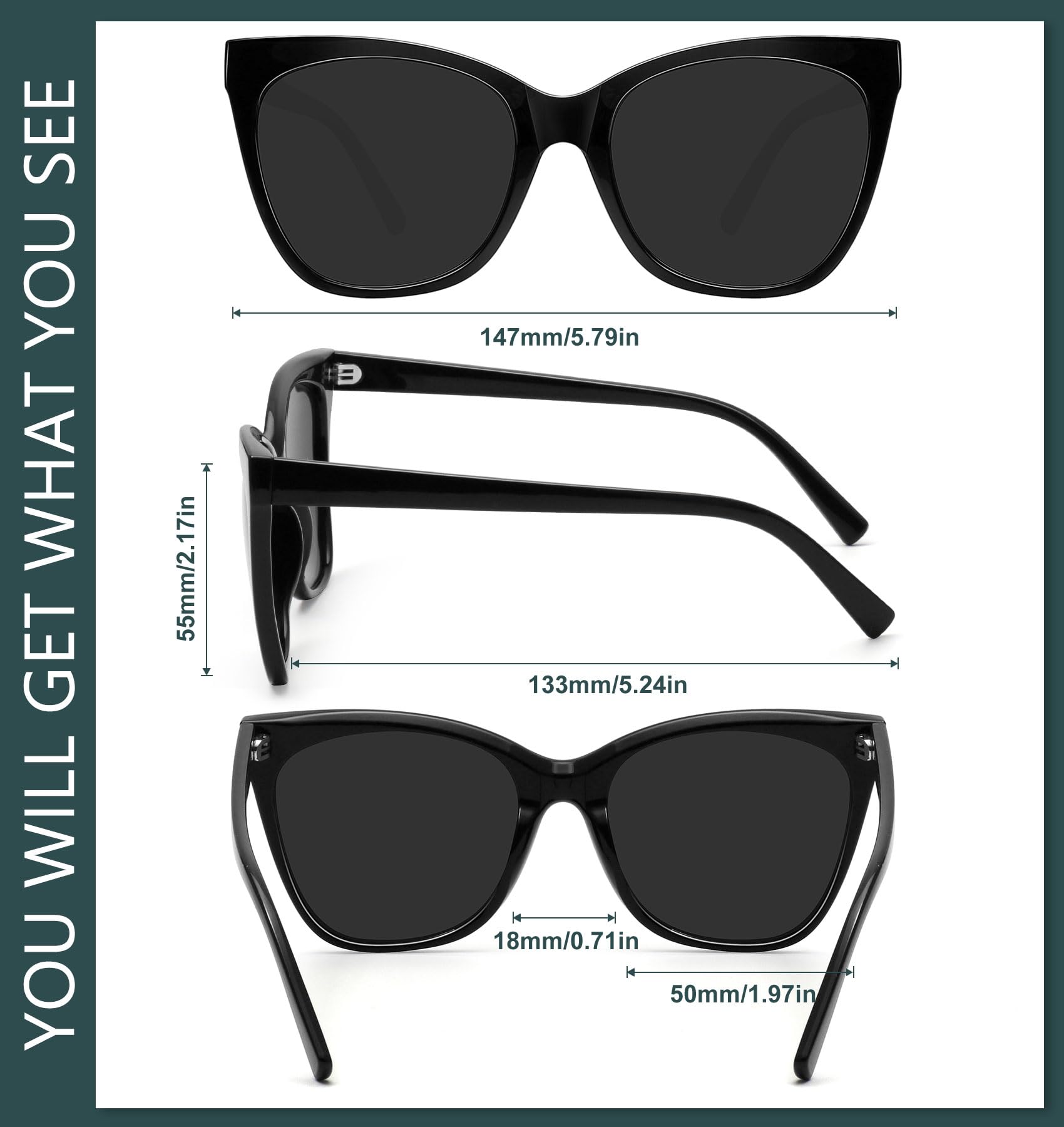 WOWSUN Large Polarized Cat Eye Sunglasses for Women