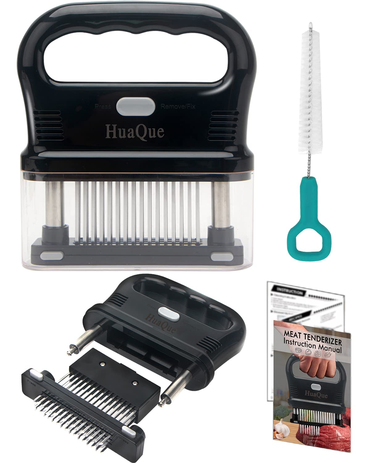 HuaQue Meat Tenderizer Tool, Detachable 48-Blade Stainless Steel Steak Tenderizer Needles for Tenderizing Beef/Chicken/Pork, Dishwasher Safe, Cleaning Brush/User Manual/Recipe Ebook (PDF) Included