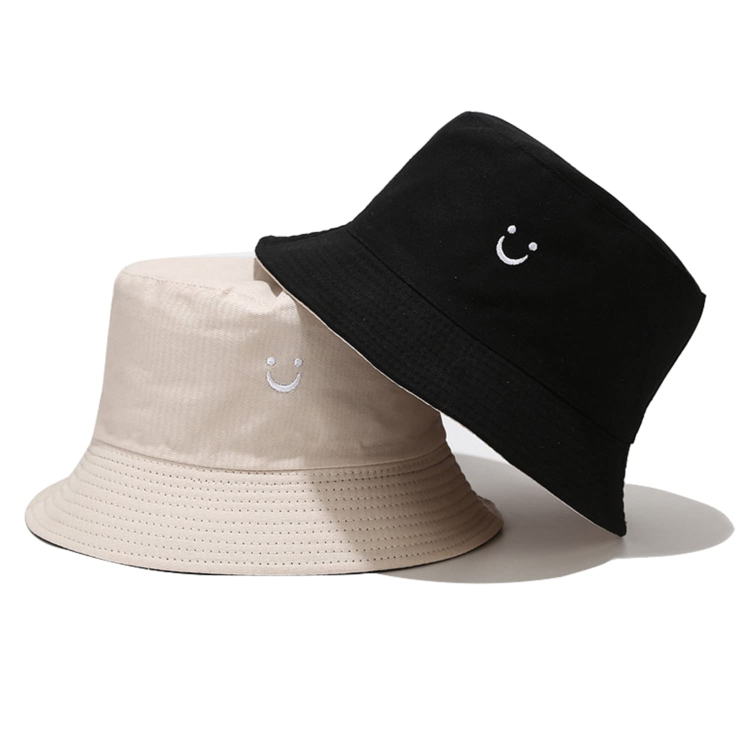 Umeepar Embroidered Smile Face Bucket Hat Reversible Packable Foldable Beach Sun Hat Outdoor Cap for Women Men (US, Alpha, Medium, Black/Beige)