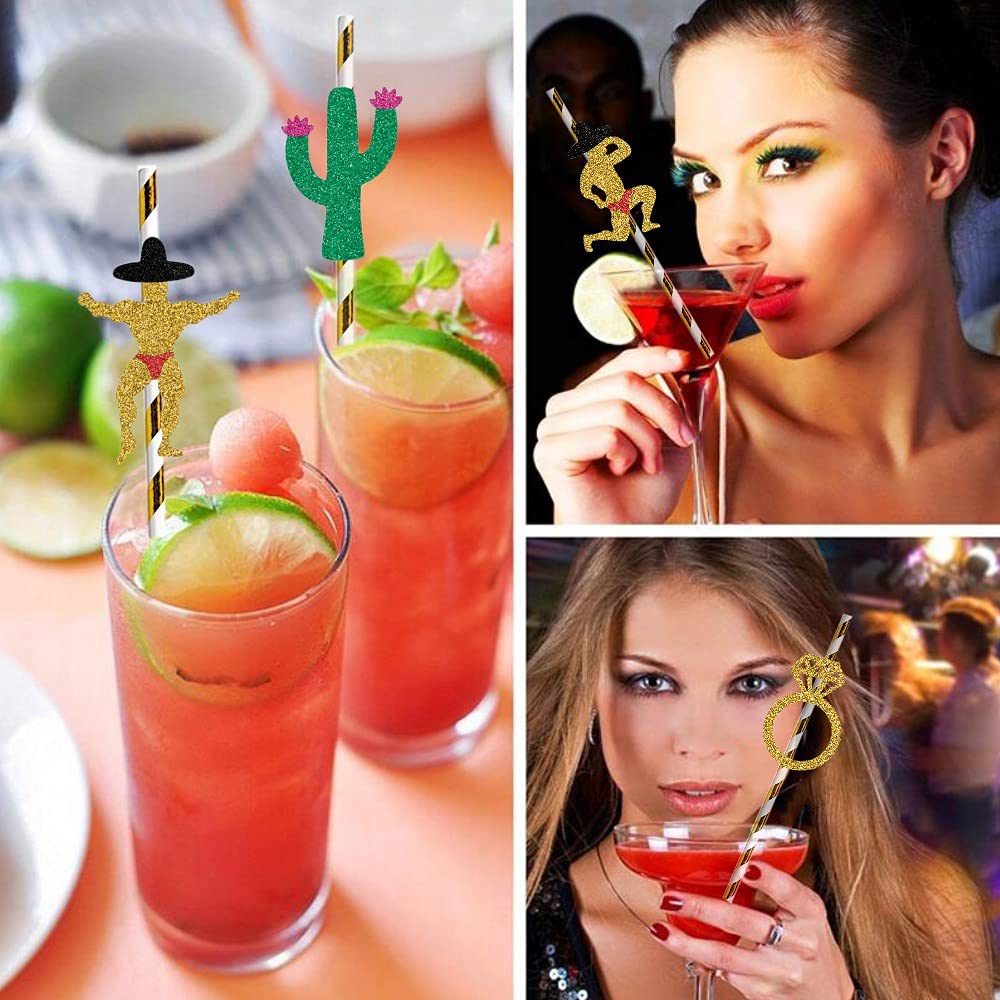 Bachelorette Party Decorations Straws 24 Pack | Cactus & Bridal Ring & Stripper Dancing Men Straws | Mexican Fiesta Party Drinking Favors