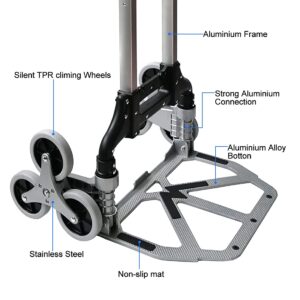 Double Rhombus Stair Climbing Cart Portable Folding Hand Truck, 330 LBS Capacity Aluminium Trolley with 3-Level Height Adjustable Telescoping Handle, 6 Rubber Wheels, 2 Bungee Cords, All Terrain