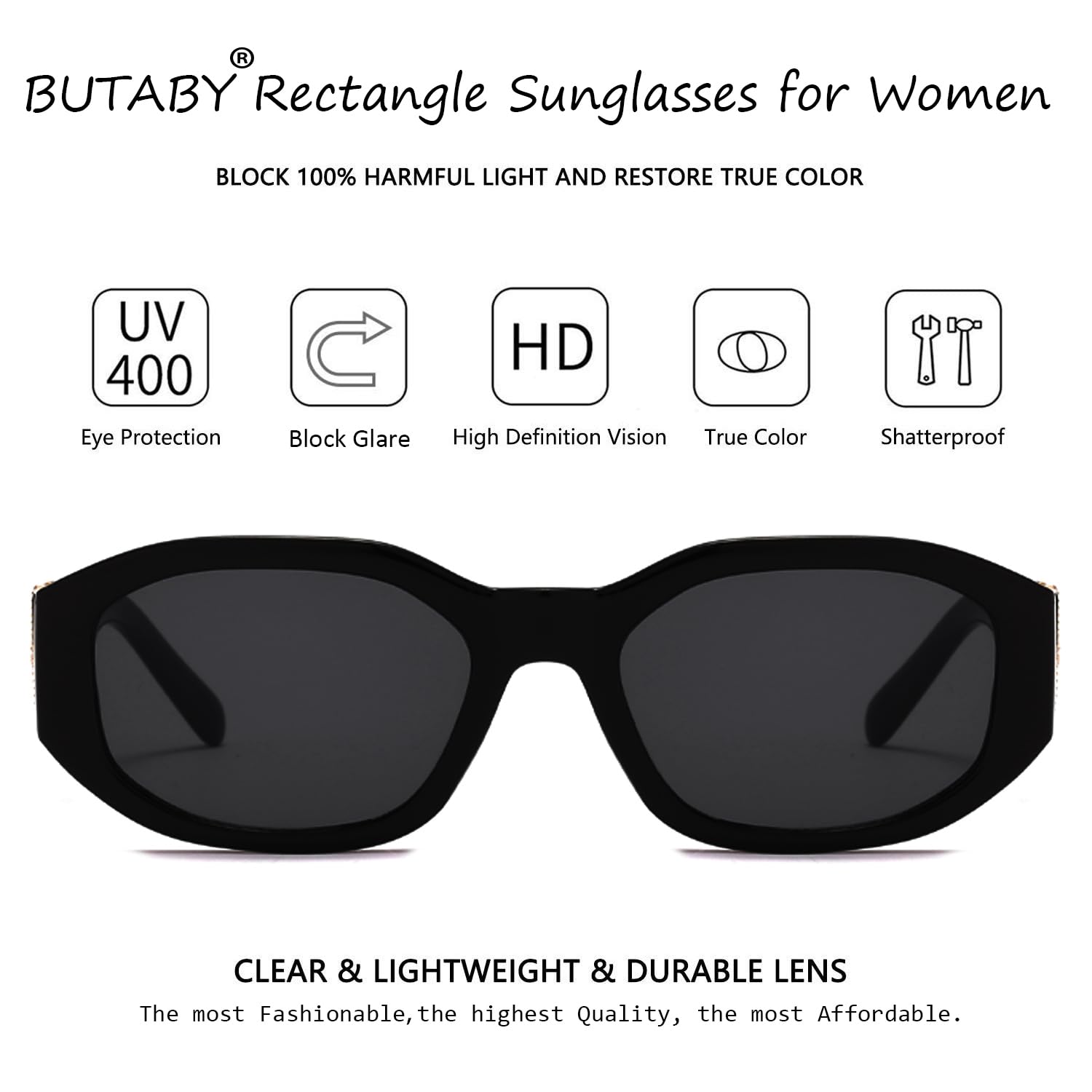 BUTABY Rectangle Sunglasses for Women Retro Driving Glasses 90’s Vintage Fashion Irregular Frame UV400 Protection Black