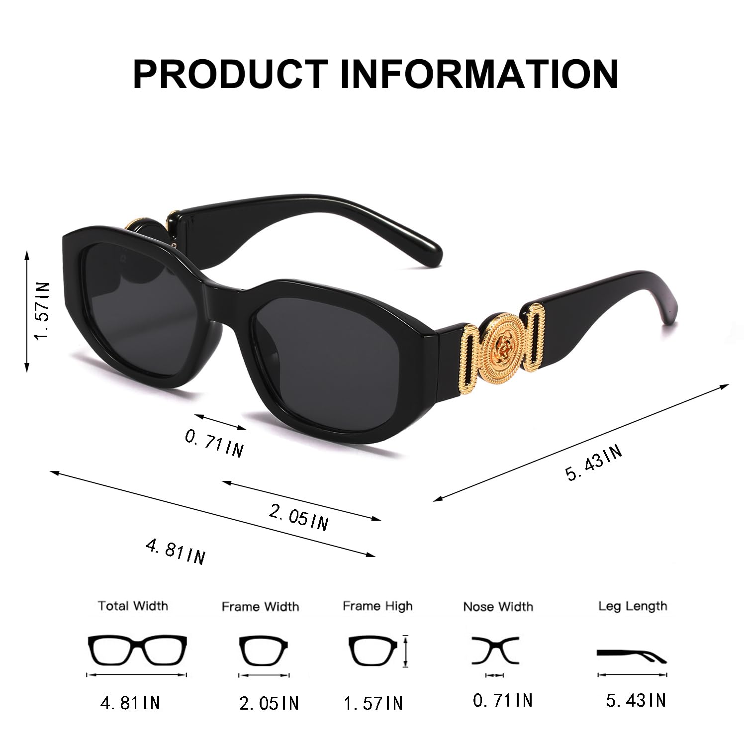 BUTABY Rectangle Sunglasses for Women Retro Driving Glasses 90’s Vintage Fashion Irregular Frame UV400 Protection Black