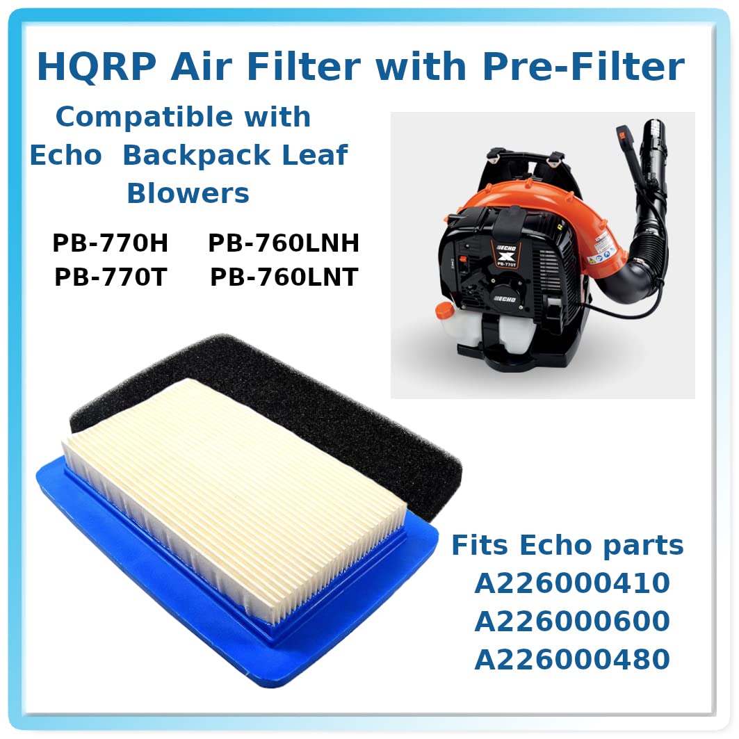 HQRP 2-pack Filter and Pre-Filter Compatible with Echo A226000410 A226000600 A226000480 Fits Echo PB-770H, PB-770T, PB-760LNH, PB760LNT Backpack Leaf Blower