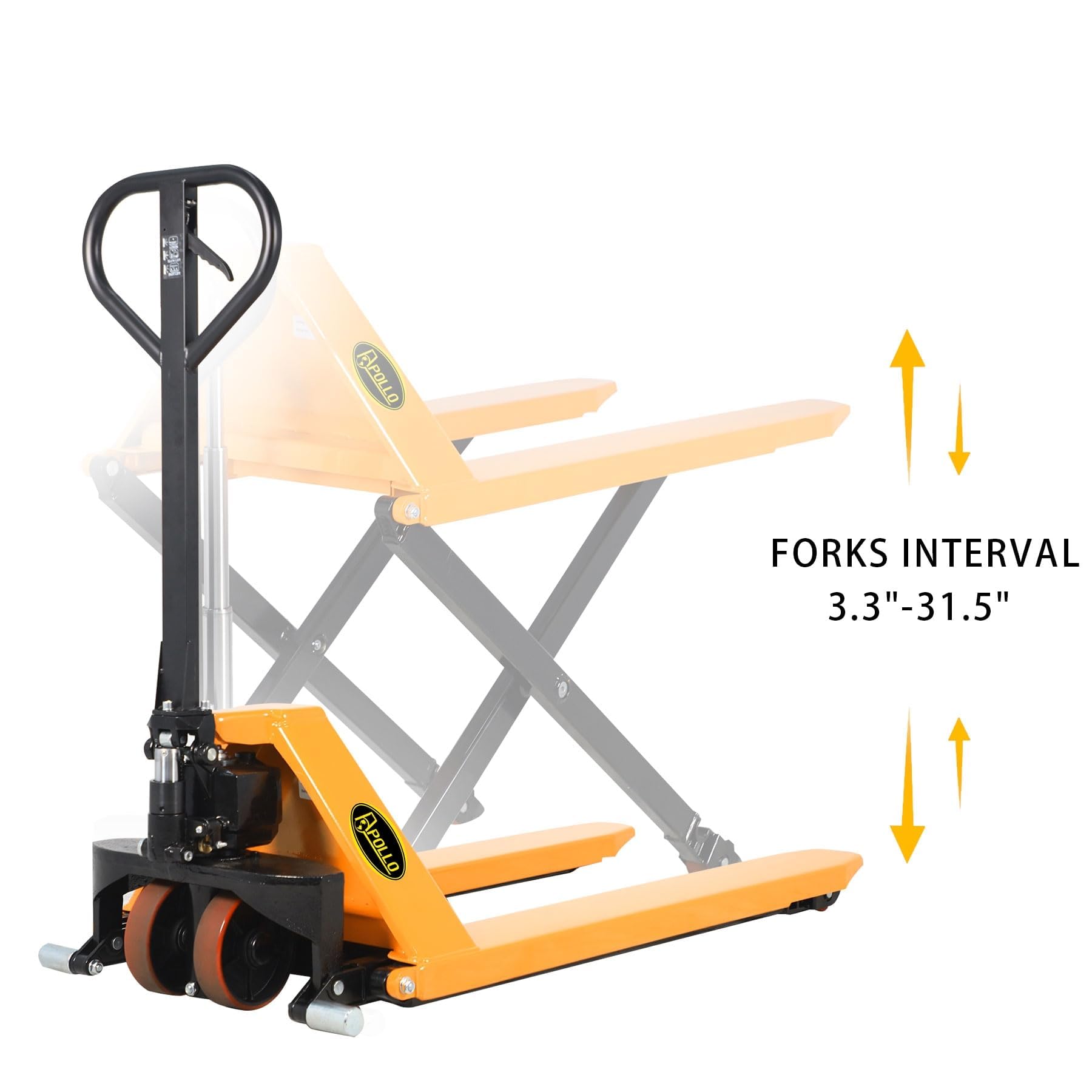 APOLLO High Lift Pallet Jack Manual Scissor Lifting Truck 31.5" Lifting Height 45''Lx27''W Fork Size 2200lbs Capacity Only for Open-Bottom Pallets