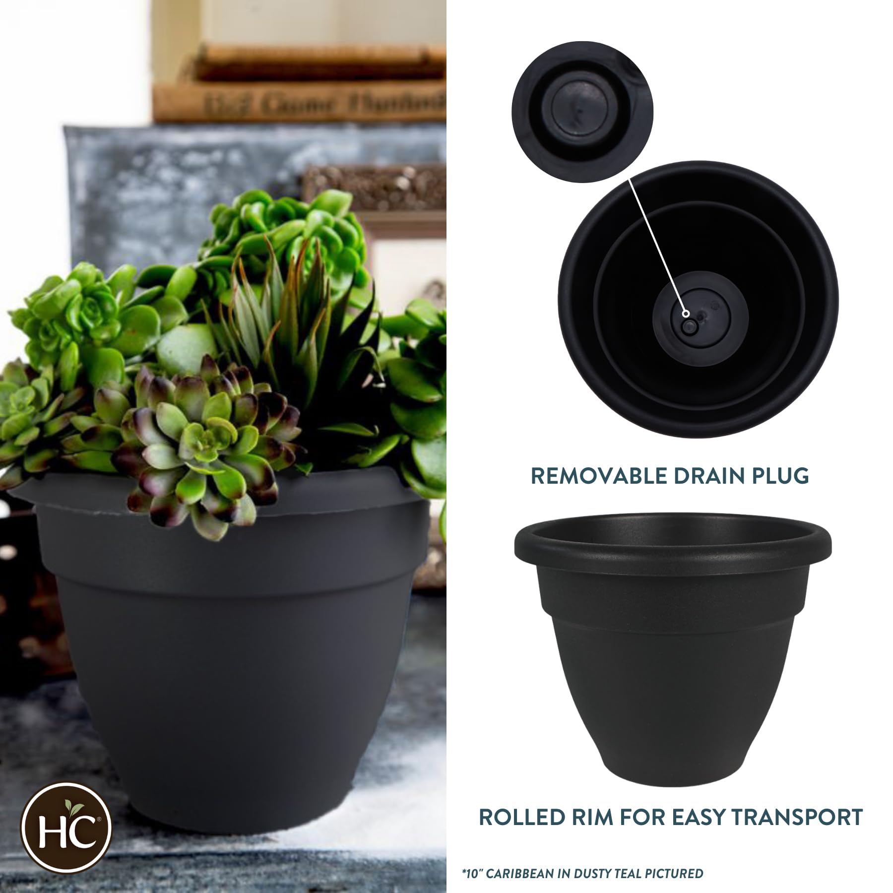 The HC Companies 8 Inch Caribbean Planter - Lightweight Indoor Outdoor Plastic Plant Pot for Herbs and Flowers, Black