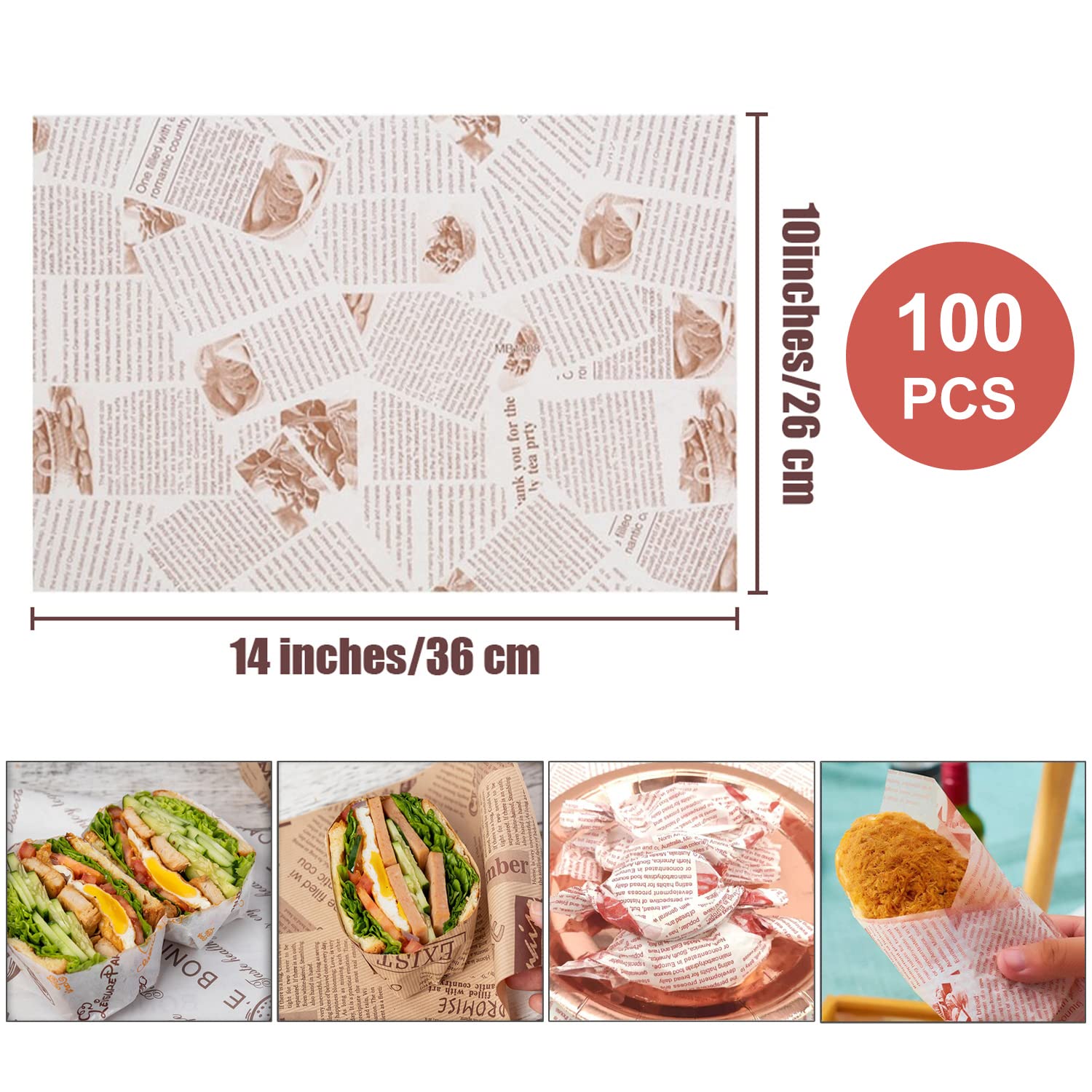 La Llareta 100 Sheets Deli Paper, 14 * 10 inch Sandwich Wrapping Paper, Food Wrapping Paper, for Breads, French Fries, Sandwiches, Burgers, Hot Dogs