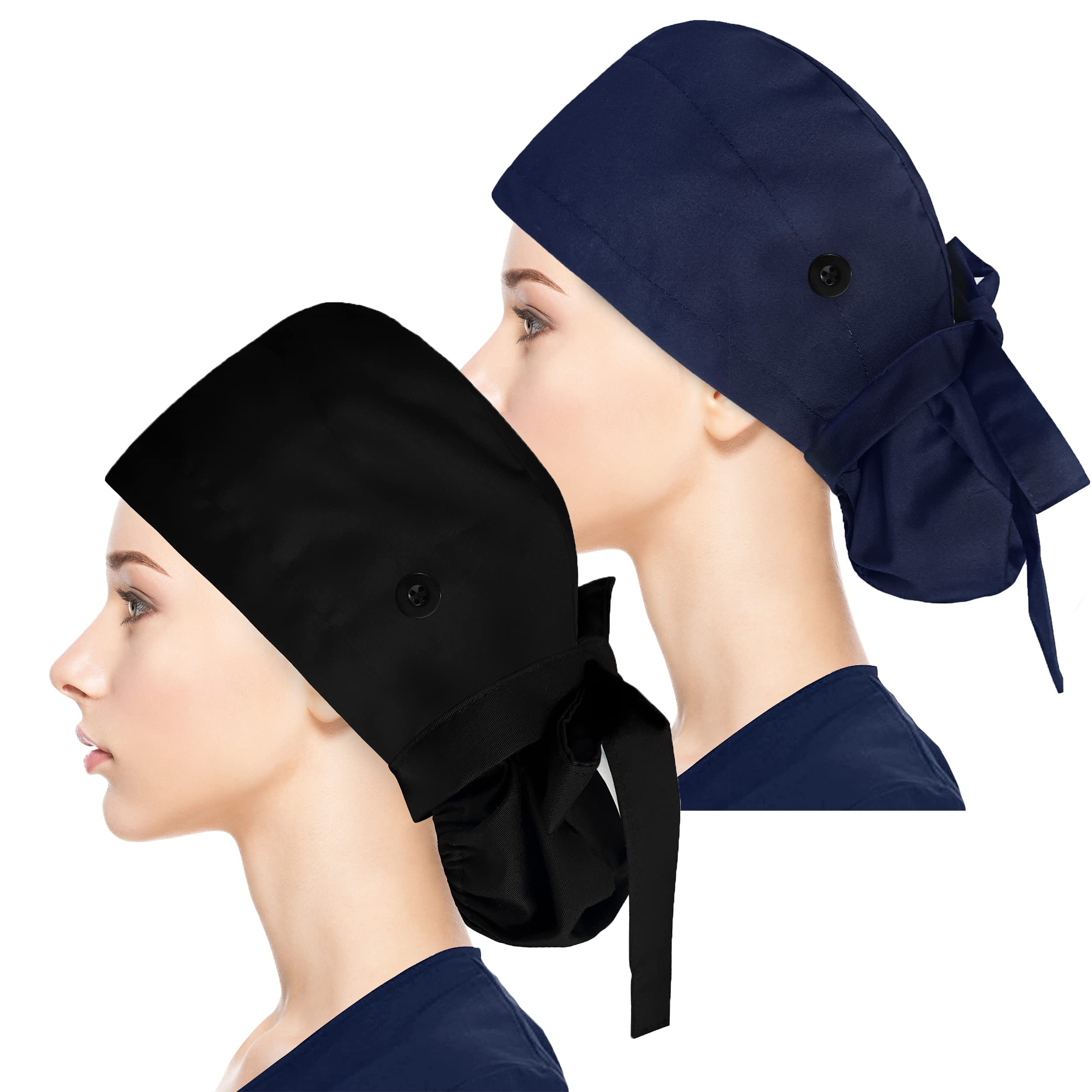 Fesciory Adjustable Working Caps with Button & Sweatband, Women Ponytail Pouch Hats, Long Hair(Navy+Black)