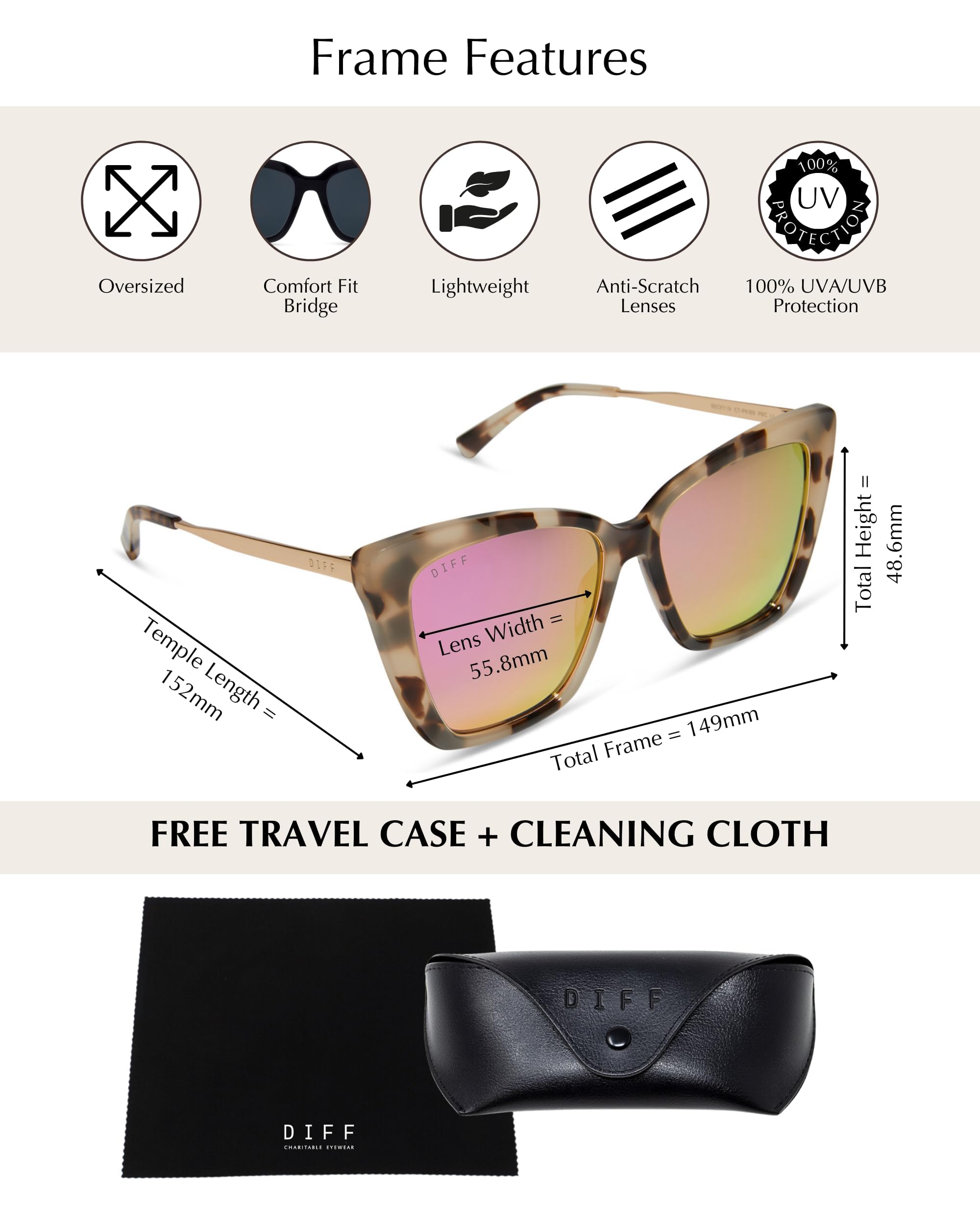 DIFF Becky II Designer Cat Eye Sunglasses for Women UV400 Protection, Cream Tortoise + Pink Mirror