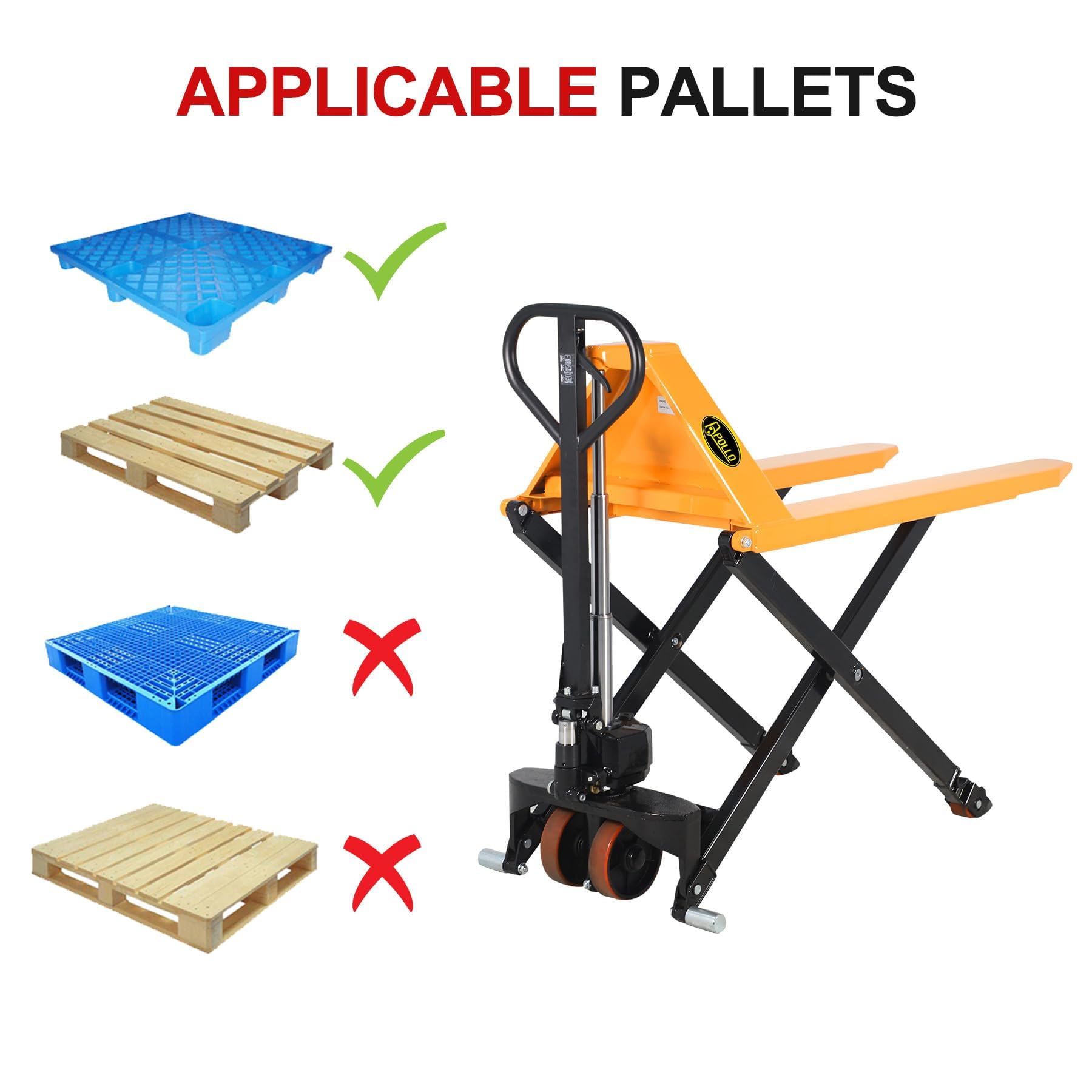 APOLLO High Lift Pallet Jack Manual Scissor Lifting Truck 31.5" Lifting Height 45''Lx27''W Fork Size 2200lbs Capacity Only for Open-Bottom Pallets