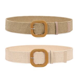 suosdey 2 pack straw woven elastic belt braided stretch wide belt for women dress