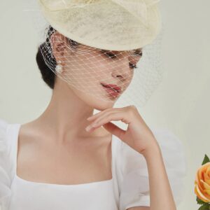 BABEYOND Women's Pillbox Fascinator Hat Kentucky Hat Feather Derby Fascinator Tea Party Fascinator Hat with Veil for Cocktail Off-White