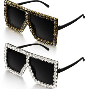 weewooday 2 pairs oversized square crystal sunglasses flat top sunglasses retro thick frame bling glasses for women men(black)