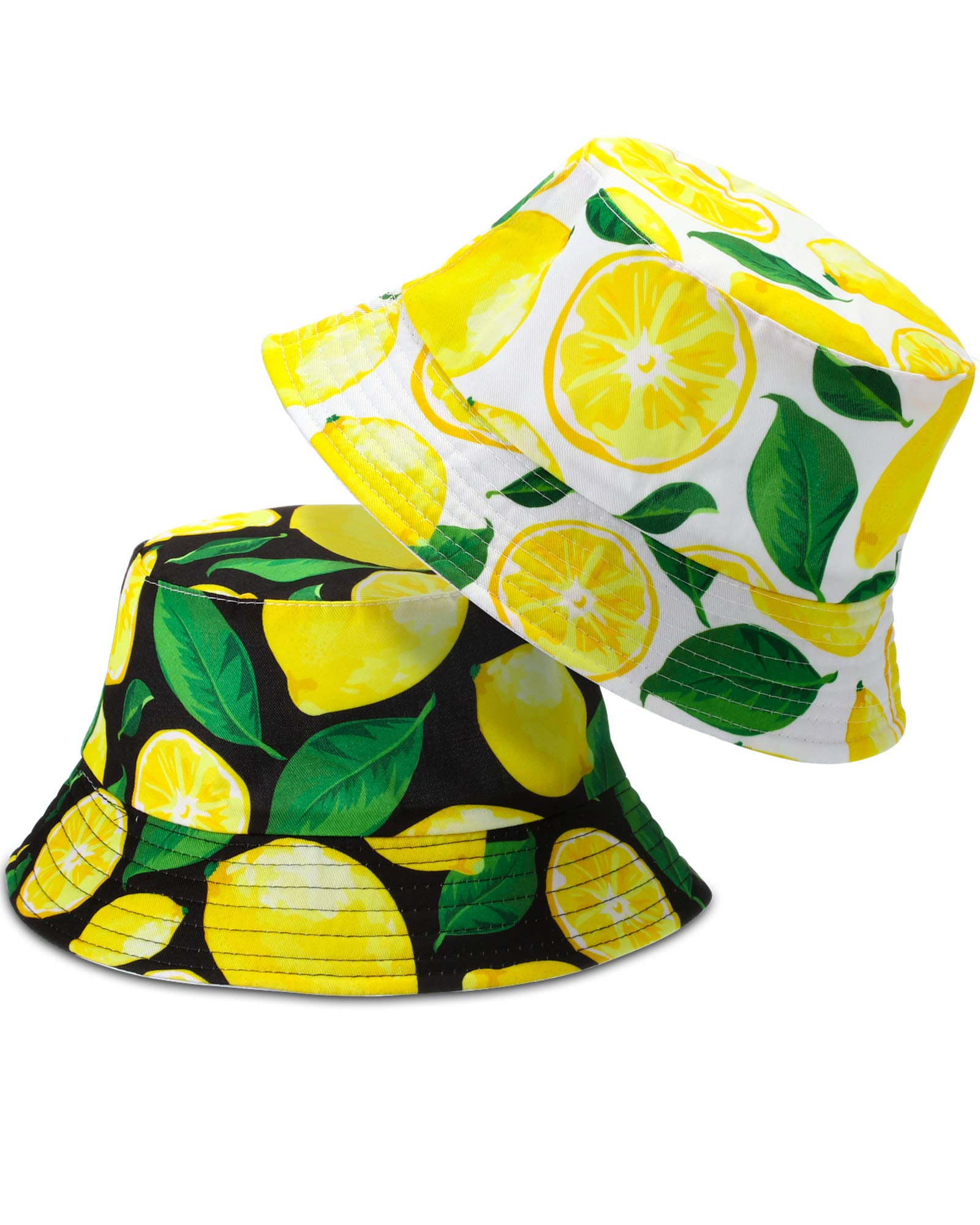 Bennim 2 Pieces Unisex Lemon Pattern Bucket Hats Reversible Fisherman Cap for Casual Travel Beach,Black, White ,Uncertainly