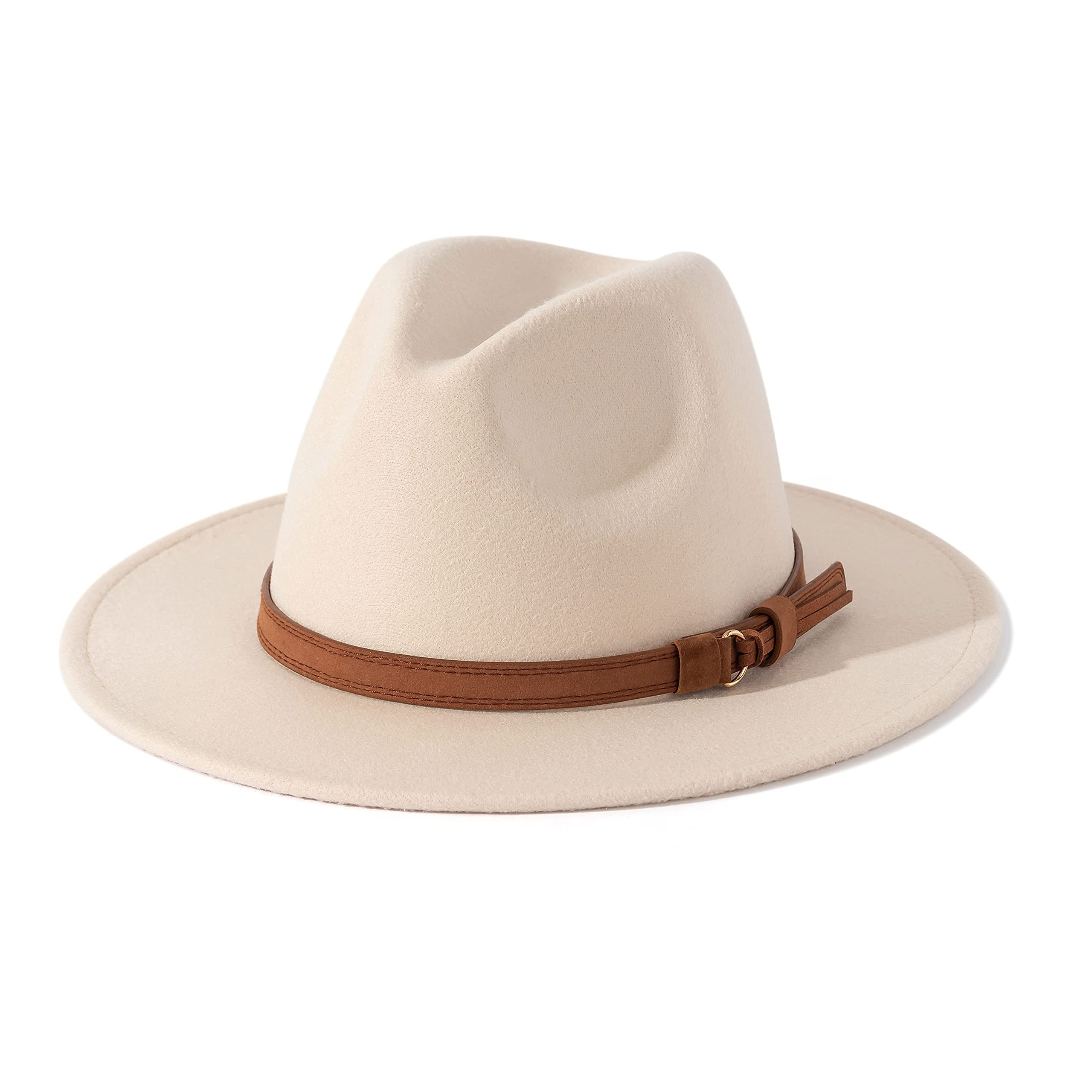 Lisianthus Men & Women Vintage Wide Brim Fedora Hat with Belt Buckle (A Buckle-Creamy, Large)