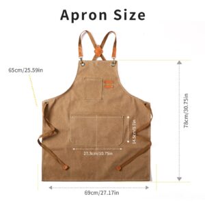 Tosewever Canvas Cross Back Chef Apron for Men Women with Adjustable Straps Large Pockets, Waterdrop Kitchen Heavy Duty Cotton Aprons for Tool Cooking BBQ Artist, M to XXL (Cappuccino Brown)