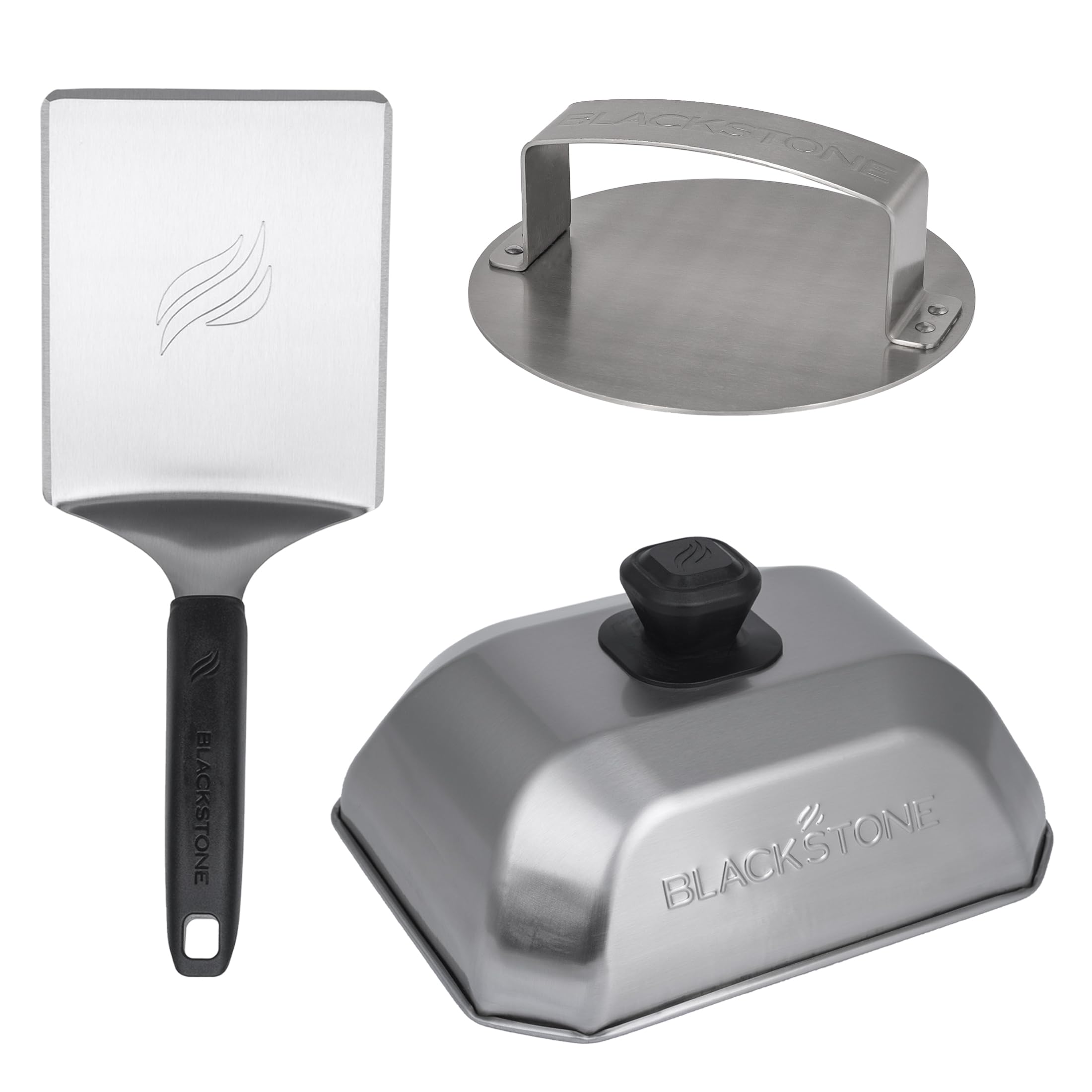 Blackstone 5462 Hamburger Kit (3 Piece) – Metal Flipper Spatula Turner, Basting Cover & Hamburger Press Patty Stainless Steel Burger Maker Set for Bacon, Steak–Griddle Accessories for Grilling, Black