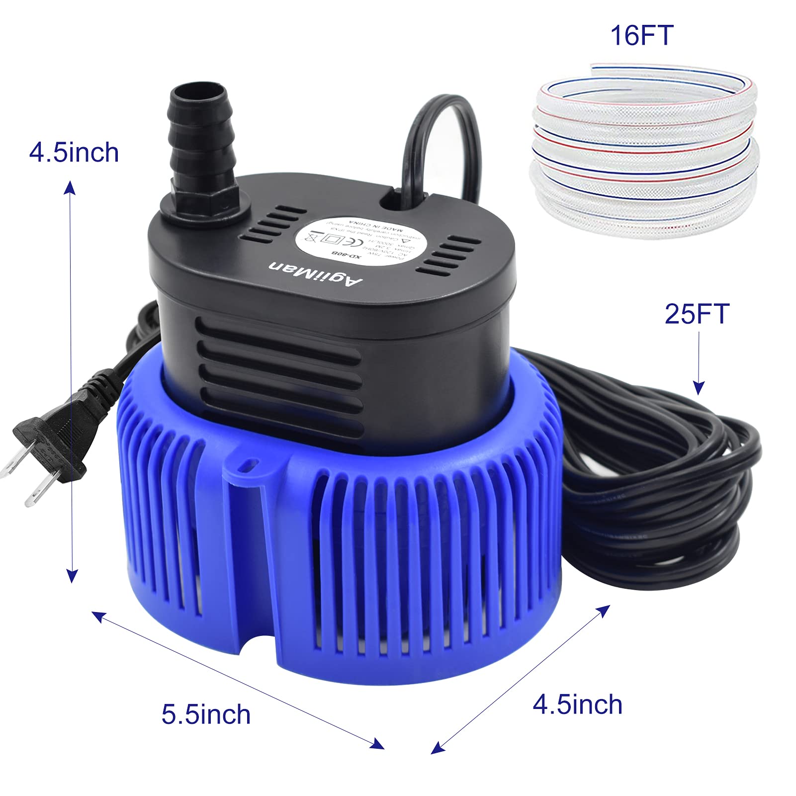 AgiiMan Pool Cover Pump Above Ground - Submersible Swimming Sump Inground Pump, Water Removal with 16' Drainage Hose and 25 Feet Power Cord, 850 GPH, 3 Adapters, Blue